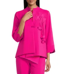 アイシーコレクション レディース アウター コート アシンメトリー ニット ジャケット ICollection Knit Stand Collar Bracelet Sleeve 3D Flower Applique Asymmetrical Hem Jack