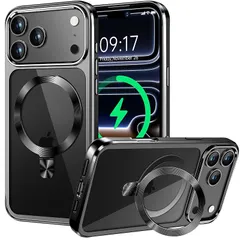 【新品】 【CD MagSafeリング・スタンド一体】iPhone 17 Pro 用クリアケース[MagSafe対応・隠しスタンド] [本体の色・メッキバンパー]ストラップホール付き 角度調整可 米軍MIL規格取得・耐衝撃 アイホン17 Pro透明ケース  0