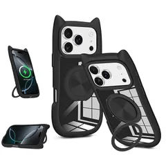 【新品】 iPhone 17 Pro 用 スマホケース 猫耳デザイン シンプルでファッション 360° 回転スタンド付き 軽量 ダンパー 携帯に便利 耐衝撃性 iPhone 17pro スマホケース マルチアングルビュー 滑り止め 黄ばみ防止 全面的な保護