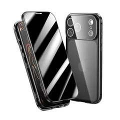 【新品】 覗き見防止 iPhone 17 Pro 用 ケース ロック付き アルミ バンパー メタルフレーム スマホケース 強化ガラスフィルム 一体型レンズ保護 マグネット式アイフォン17pro 用 両面ケース，ブラック 0