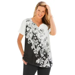 ウーマン ウィズイン レディース トップス Tシャツ プラスサイズ Woman Within Plusize 7Day NotchNeck Tunic Black Diagonal Floral ブラック