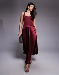レア レディース トップス ワンピース サテン マキシ Rare London satin scoop neck drop side waist maxi dress RED レッド