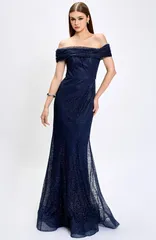 バリアーノ レディース トップス ワンピース Bariano Alianna Off Shoulder Glitter Gownavy ネイビー