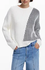 デジグアル レディース アウター パーカー・スウェット クルーネック セーター コットン Desigual Stripe Crewneck Cotton Blend Sweater Off Whiteのサムネイル