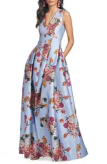 サーチンアンドバビ レディース トップス ワンピース フラワー柄 ノースリーブ フラワー Sachin Babi Brooke Floral Sleeveless Mikado Gown Glacial Blue Bright Bouquet ブルー