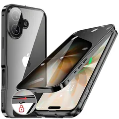 【新品】 HGUTREY【覗き見防止・自動ポップアップボタン】 iPhone17 用 ケース 【ロック付き】【ストラップホール付き】一体型レンズ保護 両面9H強化ガラス あいふぉん17ケース 耐衝撃 アルミ バンパー メタルフレーム スマホケース 薄型 背 0