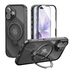 【新品】 【スタンド機能付き・360°定点回転】MagSafe対応 iPhone 17 用 ケース クリア ロック付き 9H強化ガラス PC背面 一体型レンズ保護 両面 アルミバンパー メタルフレーム ワイヤレス充電対応 アイホン17プロマックス 用 カバ 0