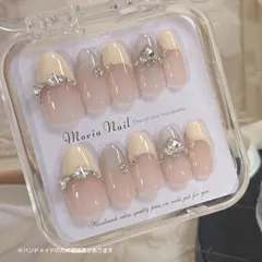 WH No.284【ショートアーモンド】ホワイトシルバー量産型地雷系マグネットフレンチリボンサブカル姫ギャルネイルチップ現品