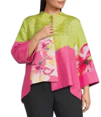 アイシーコレクション レディース アウター コート アシンメトリー フラワー柄 プラスサイズ フラワー ジャケット ICollection Plus Watercolor Floral High Collar Long Sleeve Asymmetrical