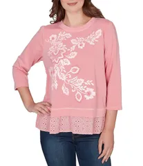 ルビーアールディー レディース トップス シャツ フラワー柄 プチ パイル 刺繍 ニット フラワー Ruby Rd Petite Size French Terry Knit Floral Embroidered Eyelet Accents Top Cott