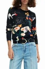 デジグアル レディース アウター パーカー・スウェット クルーネック フラワー柄 セーター フラワー Desigual Floral Fine Gauge Crewneck Sweater Blackのサムネイル