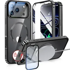 【新品】 【カメラレンズ保護・スタンド一体】NIANGUO iPhone17 Pro Max 用 カバー MagSafe対応 クリア 両面 【ロック付き・アクションボタン】 隠しカメラスタンド アイホン17プロマックスケース 9H強化ガラス メタルフレーム 0