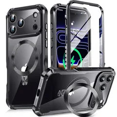 【新品】 【360°全面保護・スタンド・Magsafe対応】KELLCASE iPhone 17 Pro Max 用 ケース 両面 隠しスタンド・CDリング 横縦両立 ワイヤレス充電 いphone17 promax カバー 黄変防止透明PC背面 メッキバン 0