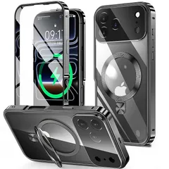 【新品】 HGUTREY【スタンド機能付き・アクションボタン】 iPhone17 Pro Max 用 ケース クリア ロック付き【CDリング・MagSafe対応】 9H強化ガラス PC背面 一体型レンズ保護 アイフォン17プロマックスケース 両面 ストラッ 0