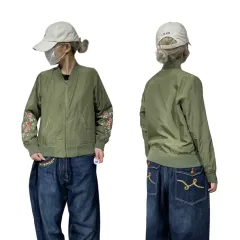 日本 ヴィンテージ カーキ 花 刺繍 スタジャン MA-1 パイロットジャンパー