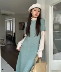 半袖 ロング ニット 春 季節の変わり目 ONE PIECE