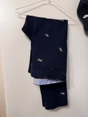 ポロ ラルフ ローレン 犬 刺繍 ストレート フィット ネイビー チノ (32/32 サイズ 犬 刺繍)