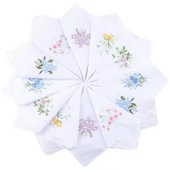 【新品】 HICOHAND レディースハンカチ, レース付き花刺繍ハンカチ 12枚, 結婚式パーティーの女性のための、持ち運びに便利な洗えるエレガントな白いソフトコットンハンカチ 1