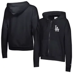 チャンピオン レディース トップス Tシャツ フリース パーカー Womens Champion Black Los Angeles Dodgers Powerblend Fleece FullZip