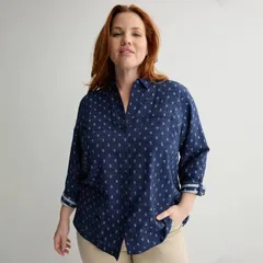 【送料無料】 クロフト＆バロー レディース シャツ トップス Plus Size Croft Barrow Textured Button Down Collared Blouse Blue Stamp Grid