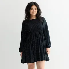【送料無料】 エスオー レディース ワンピース トップス Juniors Plus Size SO Smocked Long Sleeve Mini Dress Black Dot