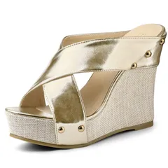 【送料無料】 アレグラ ケー レディース サンダル シューズ Womens Open Toe Linen Platform Slide Wedge Sandals Gold Tone