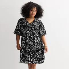 【送料無料】 ナインウェスト レディース ワンピース トップス Plus Size Nine West Bubble Sleeve Babydoll Dress Black Josefina Floral