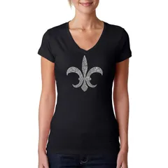 【送料無料】 エルエーポップアート レディース Tシャツ トップス Fleur De Lis Popular Louisiana Cities Womens Word Art VNeck TShirt Black