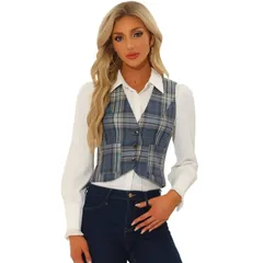 【送料無料】 アレグラ ケー レディース Tシャツ トップス Vintage Plaid Vest for Womens V Neck Single Breasted Sleeveless Racerback Waistcoat Grey Blue