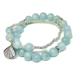 【新品】 [hinryo] g3-2963W 3mm～10mm A アクアマリン 淡水パール 金属ビーズ 飾り 二連 二重ブレスレット 内径16cm ポーチ付き 天然石 パワーストーン 1