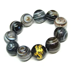 【新品】 [hinryo] 58518 20mm 特級 黒天眼石 双眼 オニキス 龍彫り 金彫り 金箔 ブレスレット 内径17cm ポーチ付き 天然石 パワーストーン 1