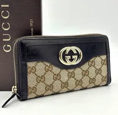 美品◎GUCCI グッチ インターロッキング GGキャンバス×レザー ラウンドジップ 長財布 ロングウォレット メンズ レディース ブラウン 308012