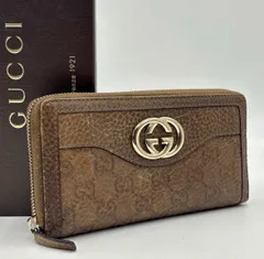 美品◎GUCCI グッチ インターロッキング グッチシマ GG柄 レザー ラウンドジップ 長財布 ロングウォレット ブラウン メンズ レディース 308012