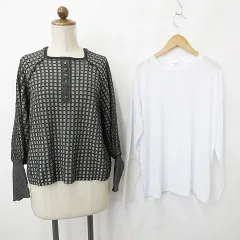 センスオブプレイス バイ アーバンリサーチ Sense of Place by Urban Research サマンサモスモス SM2 ニット カットソー 2枚セット 長袖 スクエアネック 丸首 チュール チェック柄 黒 グレー 白 ブラック ホワイト F