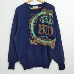 Black＆White ブラック＆ホワイト セーター 長袖 ニット 王冠 レトロ 古着 VINTAGE ネイビー グリーン L D258のサムネイル
