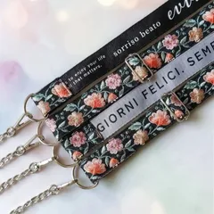 🆕選べる裏地color【No.332(黒/3㎝)インド刺繍ストラップ/ チェーン着脱式】スマホストラップ　ショルダーストラップ　ネックストラップ　春　フラワー　母の日　ブラック　名札ストラップ　花柄