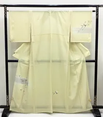 中古品　未使用　夏着物　付け下げ　玉子色　花　絽　正絹　裄64　ワイドサイズ　R686