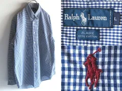 希少 90sビンテージ Ralph Lauren ラルフローレン BLAIRE ポロポニーロゴ刺繍 ギンガムチェック BDシャツ L ブルー ホワイト 青白 USA企画