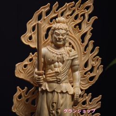 修縁堂】一刀彫 不動明王立像 木彫り 仏像 彫刻 仏教工芸品 天然木檜材