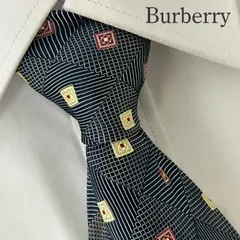 《訳アリ》Burberry (バーバリー) シルクネクタイ 総柄 幾何学 チェック ホースロゴ グレー レッド ホワイト