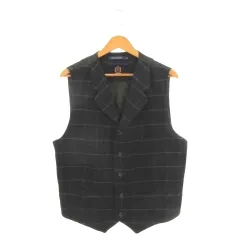 トミーヒルフィガー TOMMY HILFIGER ベスト 前開き ウール 切り替え S 紺 ネイビー チェック柄 襟付き /AH33 ■ECD003