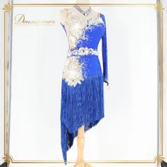 社交ダンス 衣装 ドレス ワンピース ラテン ホワイト系 ブルー系 白 青 フリンジ デモ 競技 ダンス パーティ 発表会 豪華 華やか デモンストレーション きらきら ダンス衣装 競技用