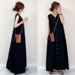 ワンピース レディース 夏物 袖なし vネック ボタン 開襟 はおり ロングワンピース ノースリーブ 黒ワンピース 40代50代60代70代 リゾート 楽チン weixz353