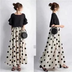 ワンピース 半袖 レディース 夏 ドッキングワンピース 黒 ドット ロングワンピース Aラインワンピース 大人きれいめ 春夏 オフィス40代50代 フレア 五分袖 weixz352