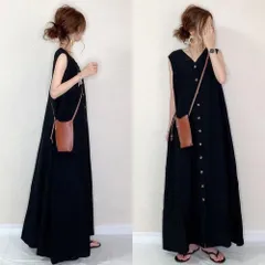 ワンピース レディース 夏物 袖なし vネック ボタン 開襟 はおり ロングワンピース ノースリーブ 黒ワンピース 40代50代60代70代 リゾート 楽チン weixz353