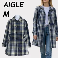AIGLE エーグル レディース ステンカラーコート M  ロング 8604-11467 春 秋 チェック柄 ネイビー系 マルチカラー (A-043)★