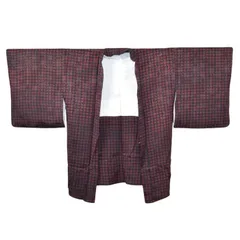 正絹 羽織 黒 赤 小花 幾何学模様 麻の葉 紬風 レトロモダン ヴィンテージ