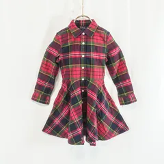 ラルフローレンワンピース長袖チェック赤POLO RALPH LAURENキッズ女の子4T100〜110cmシャツワンピースリボン付きポニー刺繍ロゴコットンフレア子供服秋冬お出かけ発表会カジュアル定番人気現行