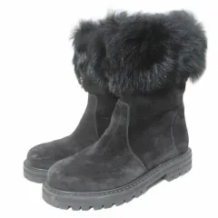 サルヴァトーレフェラガモ Salvatore Ferragamo スェード ムートンブーツ ファー ショート シューズ 靴 4.5C 約22cm 黒 ブラック IBO92 /X