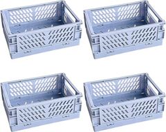 Queen-b 折りたたみ 収納 コンテナ 4個セット ミニ ボックス 小物入れ プラスチック 卓上 ケース デスク 整理 整頓 省スペース 積み重ね かご 組み立て 簡単 文房具 (ブルー,  大)